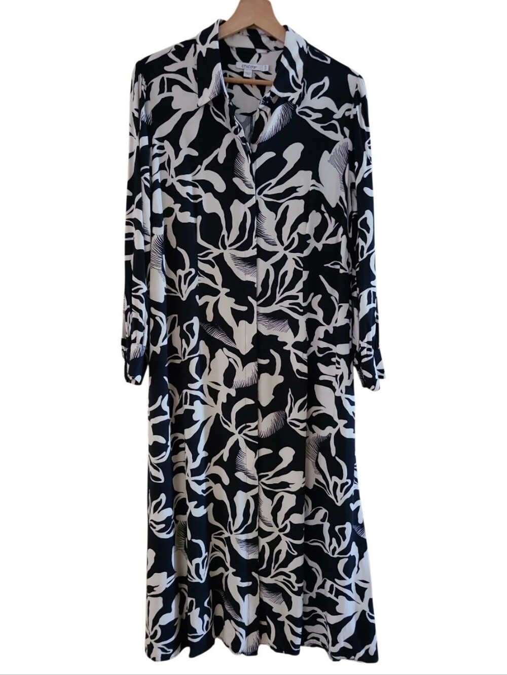 Chico's Foiliage Maxi Shirt Button-Front Dress Black White Longsleeve Pockets - Picture 3 of 17